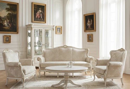 Living Room Interior with White Classic Furniture and Carved Details, Demonstrating Preserved Volume of Forms and Expressed Relief in a Light Space
