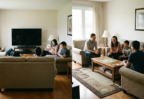 Living room "before": family sits with phones facing the TV, furniture arrangement reduces communication and increases screen time