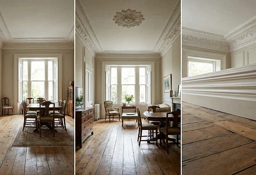 Polyurethane baseboards in the interior: high floor baseboard and ceiling cornice around the room perimeter