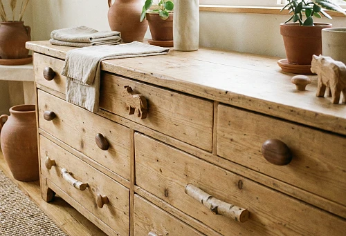 Wooden furniture handles: a rustic-style dresser with natural texture and warm shade
