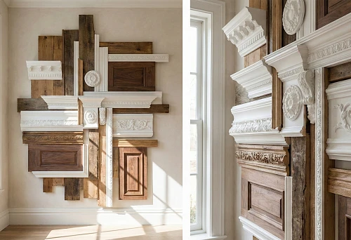 Wooden wall decor and polyurethane stucco: a multi-layered three-dimensional composition of panels and moldings