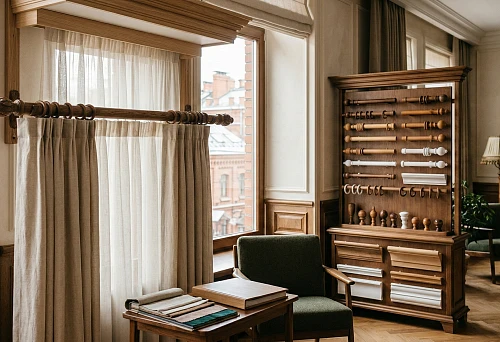 Wooden curtain rod on brackets: round pole with rings and linen curtain in a classic interior