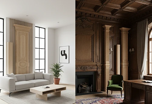Comparison of oak and beech linear products in interiors: light minimalism and dark classical finishing with columns and carved panels.