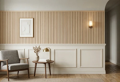 Slat panels for painting and polyurethane wall moldings in a light modern interior