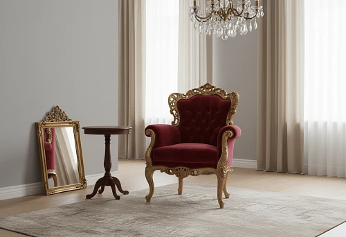 Accent velvet armchair in Baroque style with a carved gold frame, standing on a light carpet in a neutrally decorated modern room