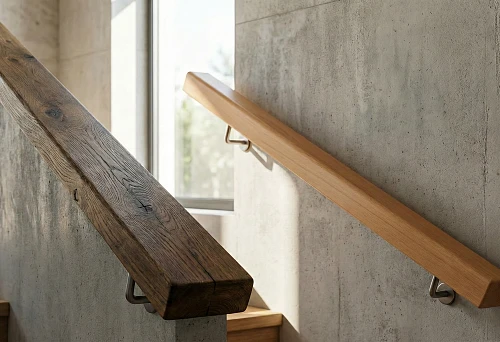 Solid Dark Oak Handrail with Pronounced Texture on a Concrete Wall