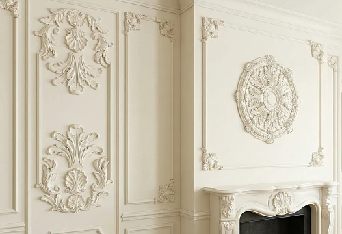 Polyurethane Overlays and Carved Panels on the Wall in a Classic Interior