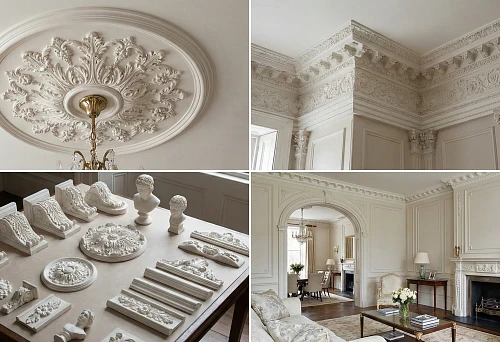 Cornices and friezes: stucco decor along the ceiling perimeter, corner elements and classic ornament