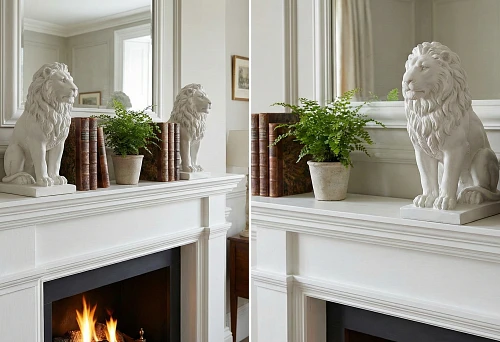 Polyurethane stucco lion on a fireplace mantel: white decorative sculpture in a classic interior