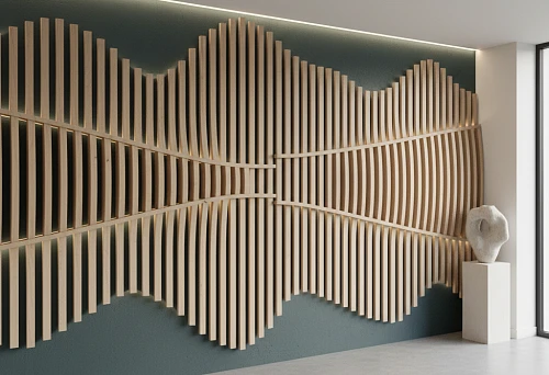 Decorative beech wood slats in a wave-like composition on the wall of a modern interior