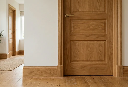 Wooden baseboard and interior doors in the same shade: a unified finishing style in the hallway