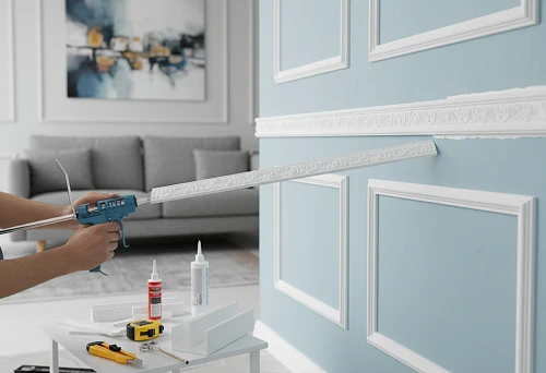 Installation of polystyrene wall molding using a glue gun in a modern interior
