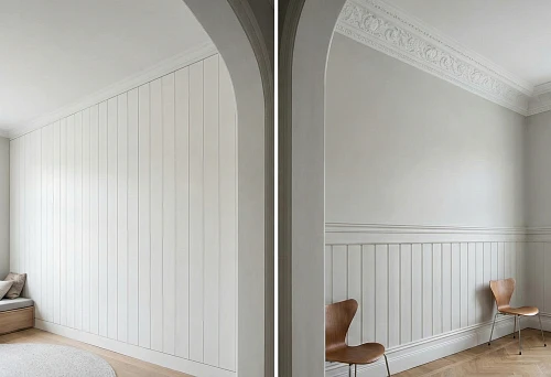 Bright room with tall wall panels and cornice visually increasing ceiling height