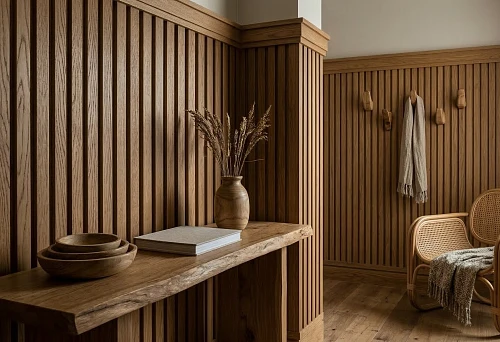 Oak slat panel and wood products in a warm interior with a console, wooden vase, and rattan chair
