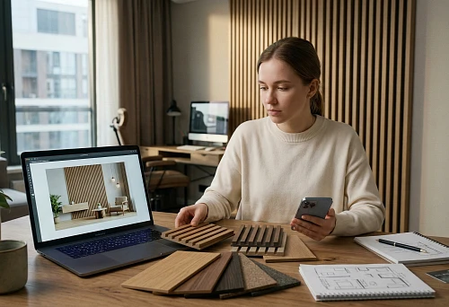 a girl choosing decorative slat panels for the interior at a table with wood samples and a laptop