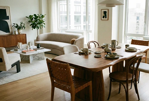 Modern apartment interior with designer furniture: sofa, armchair and dining area by large windows