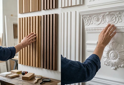 Slat panels with different textures and surface depths next to stucco decor samples