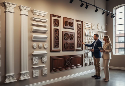 Wall with samples of decorative moldings, panels, and overlays in an interior salon.