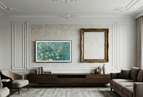 Accent TV zone in the living room with wall molding, decorative moldings, and picture frame on an architectural panel
