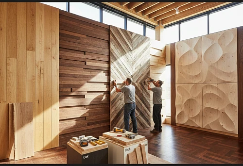 Options for wooden wall finishing from oak, walnut, and light wood species in the interior showroom