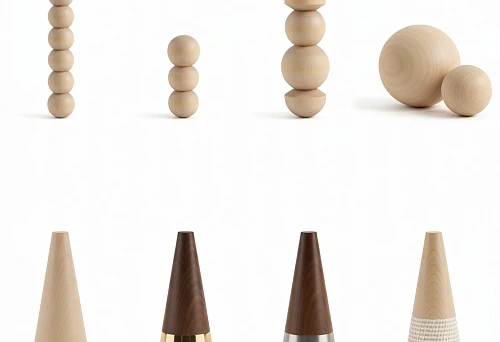 Furniture legs of various shapes and materials &mdash; round and conical wooden supports,