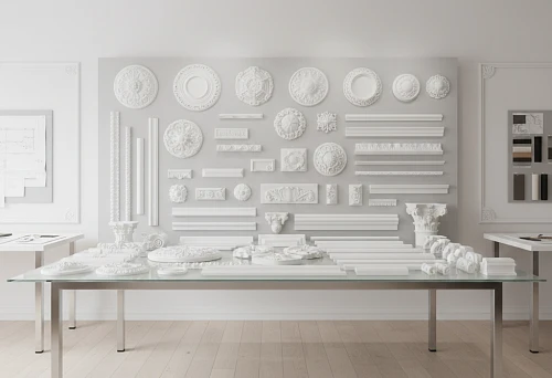 Samples of Stucco Decor on Display: Rosettes, Moldings, and Decorative Panels