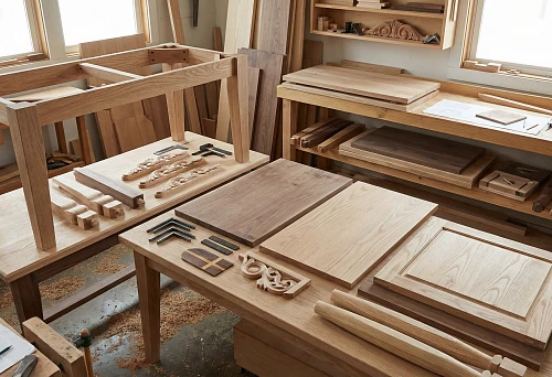 Solid wood table frame on a workbench: blanks, tabletops, and furniture decor for assembly