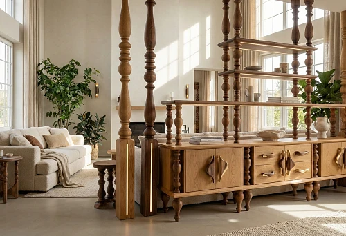 Interior with a tall modular partition made of turned balusters and wooden furniture with decorative handles