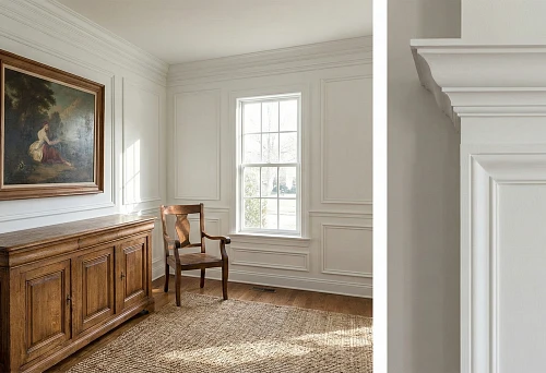 White polyurethane wall moldings and wooden furniture: combining materials in neoclassicism