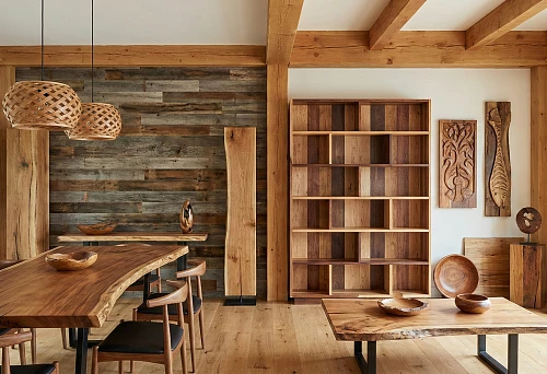 interior with wooden elements and solid wood furniture