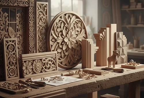 Solid Wood Carved Elements &mdash; Ornaments, Overlays, Architraves, and Rosettes, Arranged on a Workbench in a Carpentry Workshop