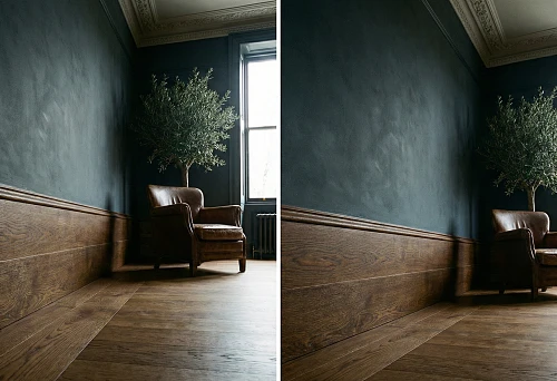 Wide solid wood baseboard along a dark wall: high profile 100&ndash;200 mm and expressive wood texture