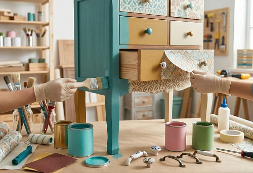 DIY furniture decor: painting a chest of drawers and decorating drawers with patterned paper
