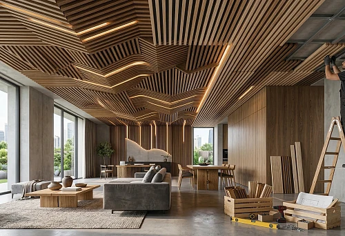 Slatted panel ceiling in a modern interior with custom geometry, integrated lighting, and wood trim