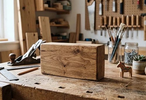 A wooden block on a carpenter's workbench: wood texture, smooth edges, and natural grain