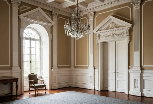 Interior with decorative elements: corners, pediments and moldings in classical style
