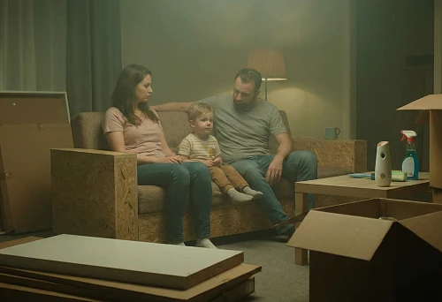 Family Sitting on a Couch Amid Boxes and Furniture After Purchase: Risk of Toxic Fumes from Cheap Materials