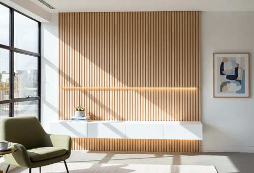 Wooden Slats on Wall in Modern Interior with Lighting