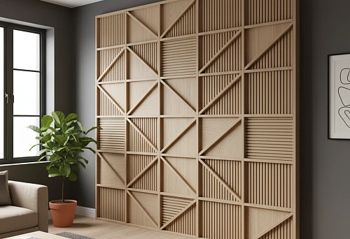 Decorative wall made of wooden slats, layouts, and profiles with a geometric pattern in a modern interior.