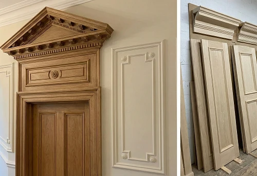 Decorative panel above the door with door cornice and casings in a classic interior
