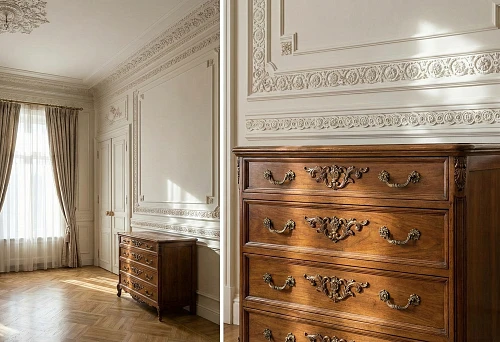 Classic interior with moldings and a chest of drawers: wall moldings with ornament and furniture handles with decorative overlays, an example of coordinating cabinets and walls.