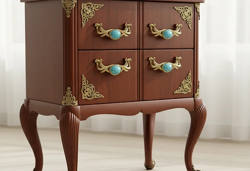Classic chest with elegant furniture handles, legs, and decorative inlays.
