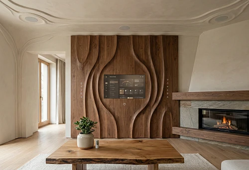 Smart Home Interior 2026 with Carved Wooden Panels, Built-in IoT Panel, and Modern Fireplace