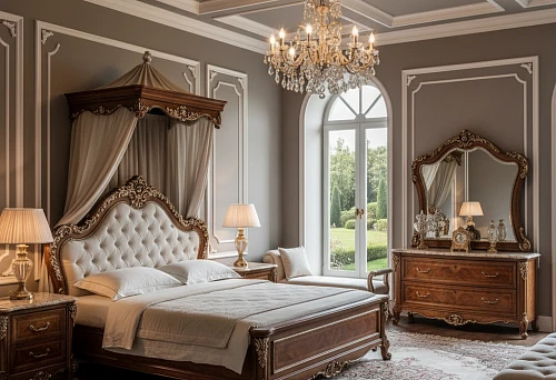 Bedroom in classic style with solid wood furniture