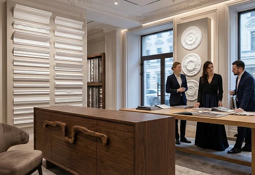 Buy polyurethane stucco in Moscow: showroom with samples of moldings, cornices, and ceiling rosettes for an elite interior