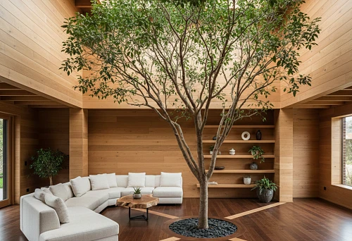Wood in home interior: a living room with wooden wall finishes, warm wooden floors, and wood as the main accent