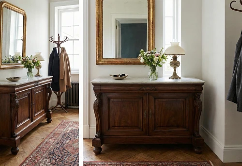 Classic console in the hallway with a marble top and a gilded frame mirror