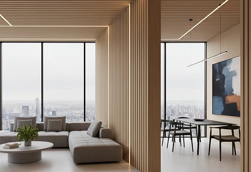 Modern interior with slat panels creating zoning between the living room and dining room, vertical structure and soft lighting