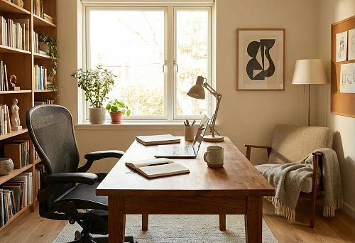 Office furniture: wooden desk by the window and floor-to-ceiling bookshelves