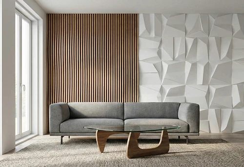 Modern living room: gray sofa, glass table, wooden slats and 3D panels made of polyurethane stucco on the wall